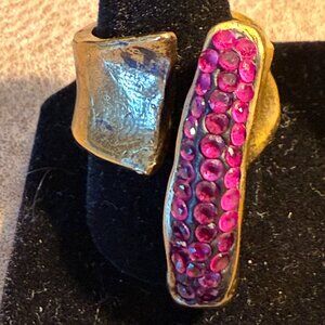 GORGEOUS Artisanal organic brass ring set with genuine rubies London-made